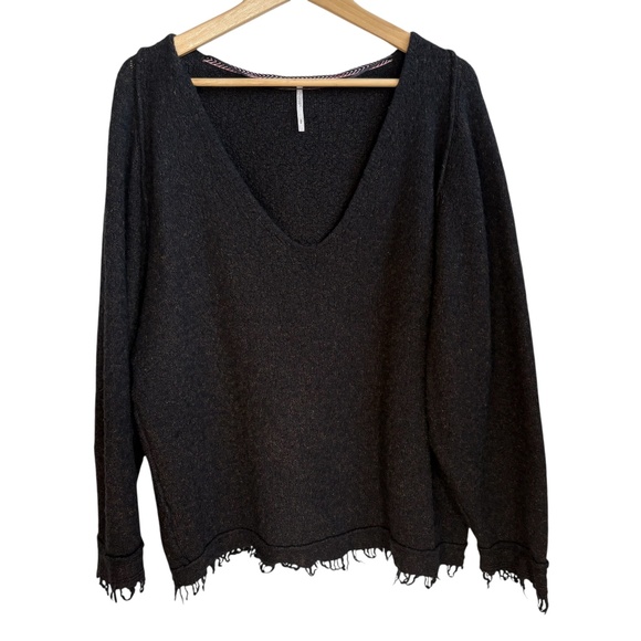 Free People Wool Blend Slubby Fringe V-Neck Sweater Gray-Brown-Black Size S - Picture 1 of 7